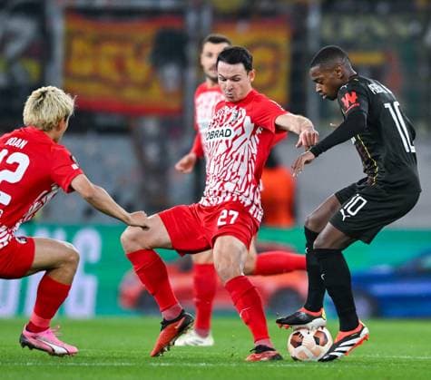 Germany, Freiburg, 22 02 2024, Europa Park Stadion, SC Freiburg vs RC Lens UEFA Europa League, David Costa RC Lens and Nicolas Hoefler SC Freiburg battle for the ball Freiburg Europa Park Stadion Baden Wuerttemberg Germany eu-images-738