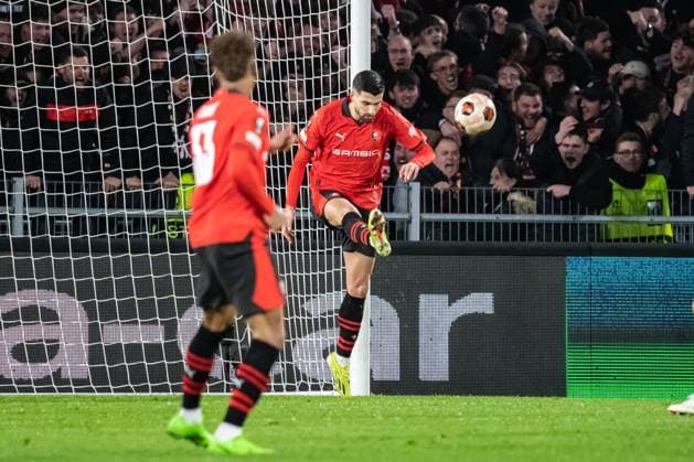 Joie des joueurs du Stade Rennais aprÃ s le but de Benjamin Bourigeaud (Stade Rennais) FOOTBALL : Stade Rennais x AC Milan - Ligue Europa - Barrage retour - 22 02 2024 BaptisteAutissier Panoramic 