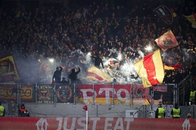 Supporters RC Lens - ambiance FOOTBALL : UEFA Europa League. SC Freibourg - RC Lens -22 02 2024 ElyxandroCegarra Panoramic 