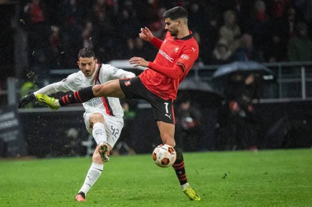 Alessandro Florenzi (AC Milan) Martin Terrier (Stade Rennais) FOOTBALL : Stade Rennais x AC Milan - Ligue Europa - Barrage retour - 22 02 2024 BaptisteAutissier Panoramic 