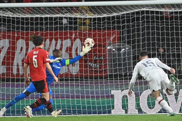 Stade Rennais - Milan AC PHOTOPQR LE TELEGRAMME NICOLAS CREACH ; ; 22 02 2024 ; Football. Rennes 35 le 22 février 2024 Stade du Roazhon Park Ligue Europa 16 ème de finale. Saison 2023-2024. Stade Rennais - Milan AC Le but de Milan inscrit par Jovic Photo Nicolas Créach France  Copyright: xPHOTOPQR LExTELEGRAMME MAXPPPxNICOLASxCREACHx 20240222TGB0397 20240222TGB0397