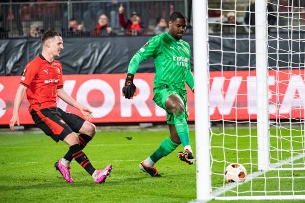 Sport Themen der Woche KW08 Sport Bilder des Tages Joie des joueurs du Stade Rennais aprÃ s le but de Benjamin Bourigeaud (Stade Rennais) FOOTBALL : Stade Rennais x AC Milan - Ligue Europa - Barrage retour - 22 02 2024 BaptisteAutissier Panoramic 