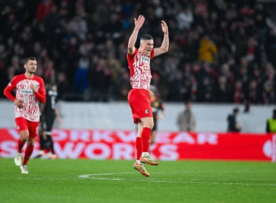 Germany, Freiburg, 22 02 2024, Europa Park Stadion, SC Freiburg vs RC Lens UEFA Europa League, Roland Sallai SC Freiburg celebrates his first goal Freiburg Europa Park Stadion Baden Wuerttemberg Germany eu-images-738
