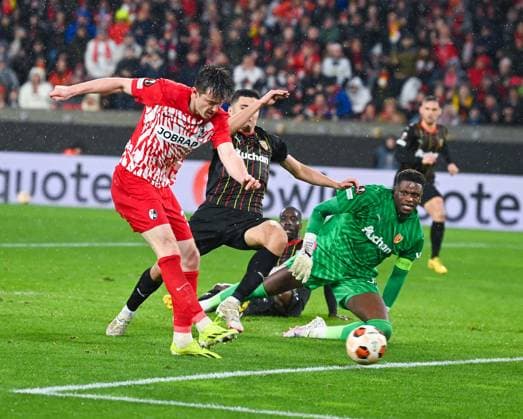 Germany, Freiburg, 22 02 2024, Europa Park Stadion, SC Freiburg vs RC Lens UEFA Europa League, Michael Gregoritsch SC Freiburg scores to make it 3 2 Freiburg Europa Park Stadion Baden Wuerttemberg Germany eu-images-738