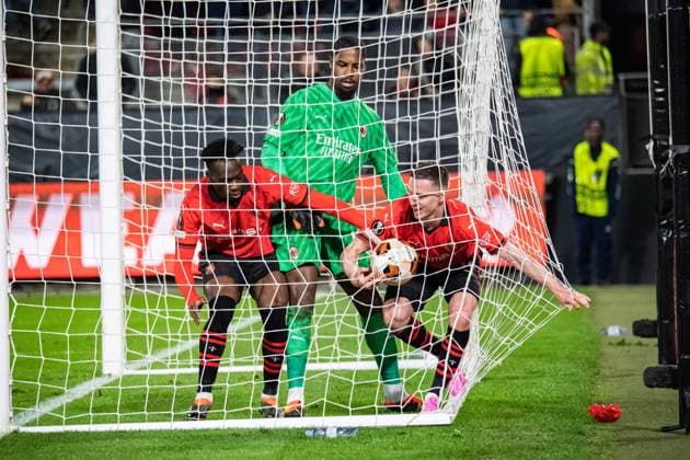 Joie des joueurs du Stade Rennais aprÃ s le but de Benjamin Bourigeaud (Stade Rennais) FOOTBALL : Stade Rennais x AC Milan - Ligue Europa - Barrage retour - 22 02 2024 BaptisteAutissier Panoramic 