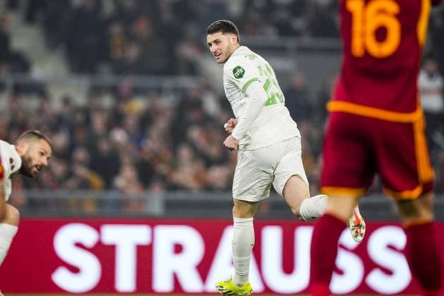UEFA Europa League: AS Roma v Feyenoord Rome - Santiago Gimenez of Feyenoord celebrates the 0-1 during the 2nd leg of the UEFA Europa League Knockout Round Play-offs between AS Roma v Feyenoord at Stadio Olympico on 22 February 2024 in Rome, Italia. Copyright: xTomxBodex