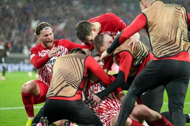 Goal celebration SC Freiburg at 2 2 by Roland Sallai SC Freiburg, 22 , Soccer, UEFA Europa League, Play off 2 match, 2023 2024, SC Freiburg vs RC Lens, 22 02 2024, Europa Park Stadion , Freiburg im Breisgau, Germany Freiburg im Breisgau Europa Park Stadion Baden Wuerttemberg Germany Copyright: xArnexAmbergx