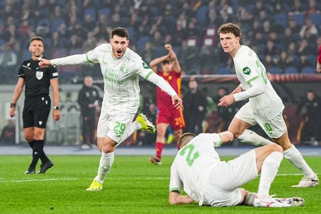 UEFA Europa League: AS Roma v Feyenoord Rome - Santiago Gimenez of Feyenoord celebrates the 0-1 during the 2nd leg of the UEFA Europa League Knockout Round Play-offs between AS Roma v Feyenoord at Stadio Olympico on 22 February 2024 in Rome, Italia. Copyright: xYannickxVerhoevenx