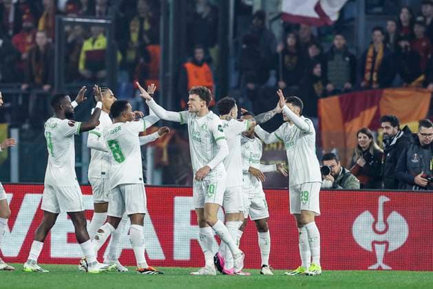 UEFA Europa League As Roma vs Feyenoord Rotterdam Feyenoord s Mexican forward Santiago Gimenez celebrates after scoring a goal during the UEFA Europa League match Knockout Round Play-offs Second Leg As Roma vs Feyenoord Rotterdam at Olimpico Stadium on February 22, 2023, in Rome. ABPH7064_1 Copyright: xAntonioxBalascox