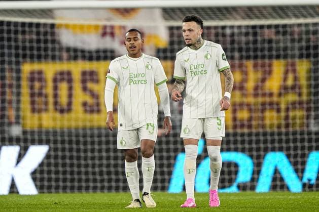 UEFA Europa League: AS Roma v Feyenoord Rome - Igor Paixao of Feyenoord, Quilindschy Hartman of Feyenoord react to the 1-1 during the 2nd leg of the UEFA Europa League Knockout Round Play-offs between AS Roma v Feyenoord at Stadio Olympico on 22 February 2024 in Rome, Italia. Copyright: xTomxBodex