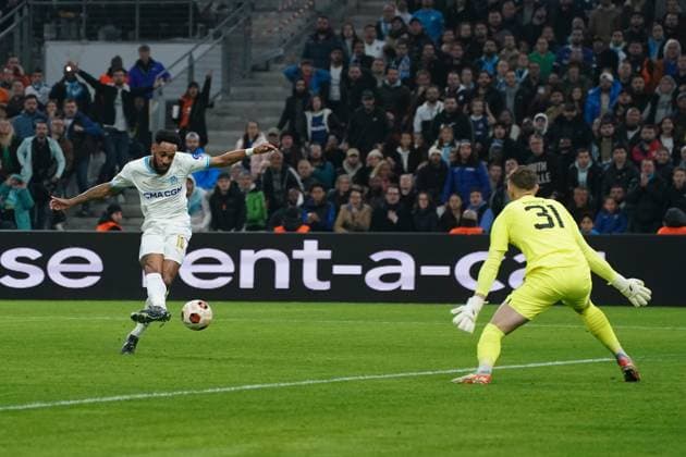 But - Pierre Emerick Aubameyang (Olympique de Marseille) - Artur Rudko (Chakhtar Donetsk) FOOTBALL : Olympique de Marseille vs Chakhtar Donetsk - 16e de finale retour d Europa League - Marseille - 22 02 2024 NorbertScanella Panoramic 