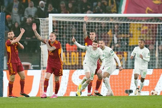AS Roma v Feyenoord Rotterdam - UEFA Europa League Santiago Gimenez of Feyenoord Rotterdam celebrates after scoring first goal during the UEFA Europa Play-Off 2leg match between AS Roma and Feyenoord Rotterdam at Stadio Olimpico on Febraury 22, 2024 in Rome, Italy. Rome Stadio Olimpico Rome Italy Copyright: xGiuseppexMaffiax UEL_Roma-Feyenoord_GM_220224_LIA6937