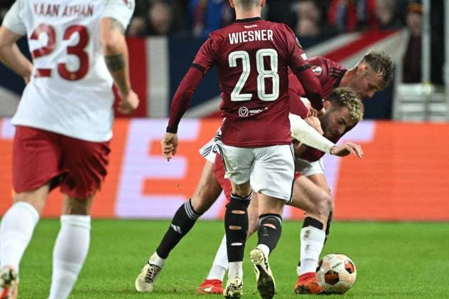 L-R Baris Alper Yilmaz (Galatasaray) and Asger Sorensen (Sparta) fight for ball during the Europa League 2nd round return leg match AC Sparta Prague vs Galatasaray Istanbul, Prague, February 22, 2024. (CTKxPhoto MichalxKamaryt) CTKPhotoP2024022209334  CTKPhotoP2024022209334