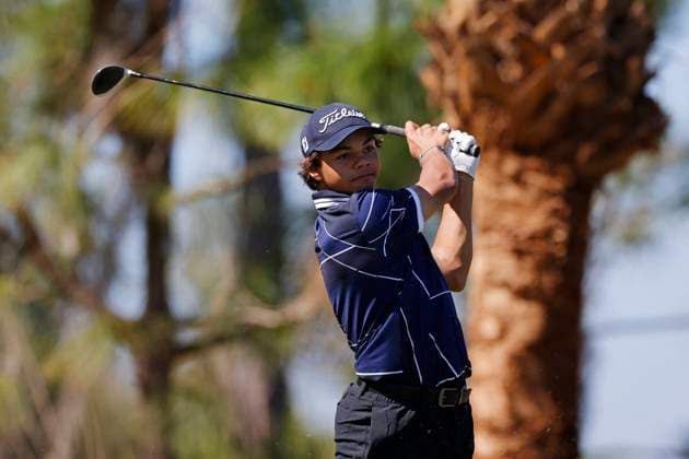 HOBE SOUND, FL - FEBRUARY 22: Charlie Woods, son of Tiger Woods, hits a tee shot during pre-qualifying for The Cognizant Classic in The Palm Beaches at Lost Lake Golf Club on February 22, 2024 in Hobe Sound, Florida. (Photo by Joe Robbins Icon Sportswire) GOLF: FEB 22 PGA, Golf Herren Cognizant Classic Pre-Qualifying EDITORIAL USE ONLY Icon573240222020