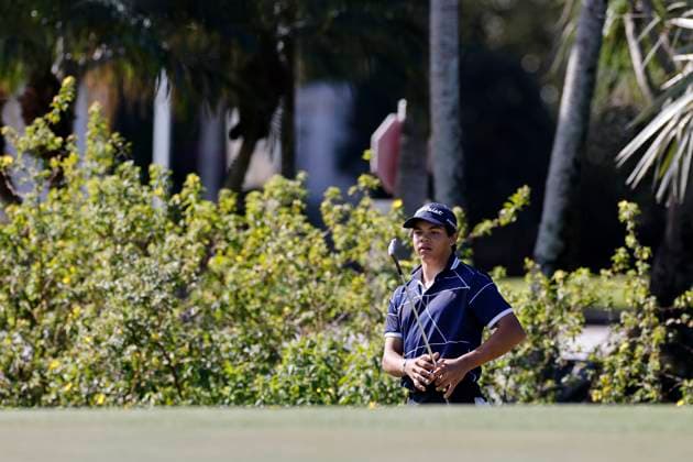 HOBE SOUND, FL - FEBRUARY 22: Charlie Woods, son of Tiger Woods, hits a pitch shot from behind the green during pre-qualifying for The Cognizant Classic in The Palm Beaches at Lost Lake Golf Club on February 22, 2024 in Hobe Sound, Florida. (Photo by Joe Robbins Icon Sportswire) GOLF: FEB 22 PGA, Golf Herren Cognizant Classic Pre-Qualifying EDITORIAL USE ONLY Icon573240222041