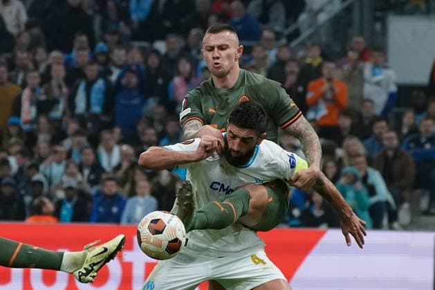 Samuel Gigot (Olympique de Marseille) - Oleksandr Zubkov (Chakhtar Donetsk) FOOTBALL : Olympique de Marseille vs Chakhtar Donetsk - 16e de finale retour d Europa League - Marseille - 22 02 2024 NorbertScanella Panoramic 