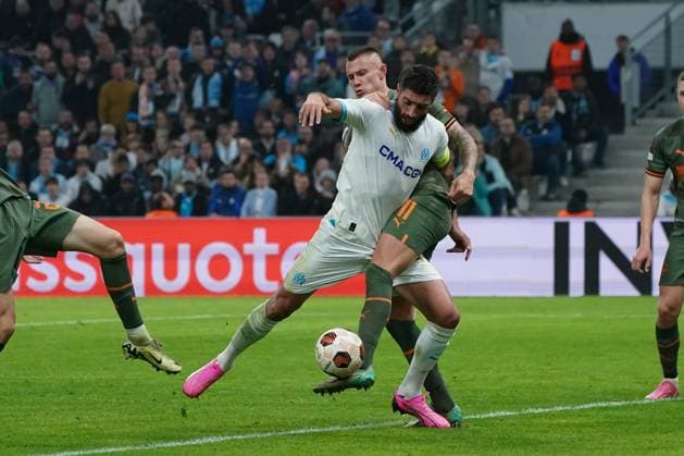 Samuel Gigot (Olympique de Marseille) - Oleksandr Zubkov (Chakhtar Donetsk) FOOTBALL : Olympique de Marseille vs Chakhtar Donetsk - 16e de finale retour d Europa League - Marseille - 22 02 2024 NorbertScanella Panoramic 