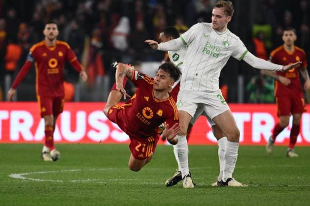 Paulo Dybala of A.S. Roma and David Ankeye Feyenoord during the UEFA Europa League Play-off - 2nd leg, between A.S. Roma vs Feyenoord on 22 February 2024 at the Olympic Stadium in Rome, Italy.  Copyright: xDomenicoxCippitelli IPAxSportx x xx IPA_43660765 IPA_Agency_IPA43660765