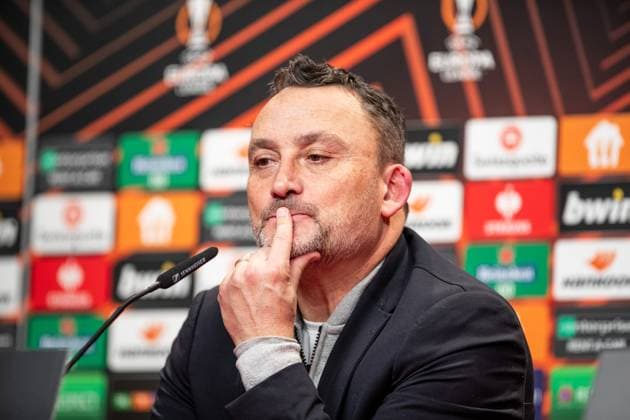 UEFA Europa League SC Freiburg RC Lens 22 02 20224 Frank Haise RC Lens, Head Coach, Head Coach , Press conference after the match UEFA Europa League SC Freiburg RC Lens Europa Park Stadium, Freiburg 22 02 20224 Copyright: xBEAUTIFULxSPORTS Buriakovx