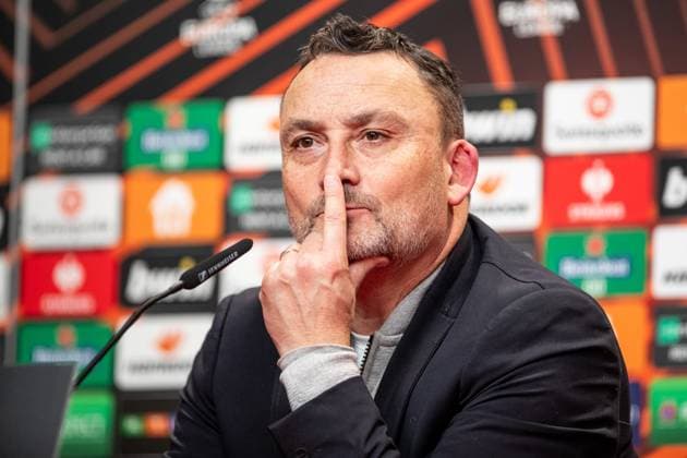 UEFA Europa League SC Freiburg RC Lens 22 02 20224 Frank Haise RC Lens, Head Coach, Head Coach , Press conference after the match UEFA Europa League SC Freiburg RC Lens Europa Park Stadium, Freiburg 22 02 20224 Copyright: xBEAUTIFULxSPORTS Buriakovx