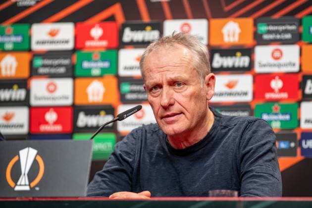 UEFA Europa League SC Freiburg RC Lens 22 02 20224 Christian Streich SC Freiburg, Head Coach , Press conference after the match UEFA Europa League SC Freiburg RC Lens Europa Park Stadion, Freiburg 22 02 20224 Copyright: xBEAUTIFULxSPORTS Buriakovx