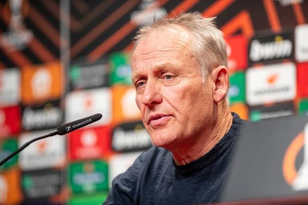 UEFA Europa League SC Freiburg RC Lens 22 02 20224 Christian Streich SC Freiburg, Head Coach , Press conference after the match UEFA Europa League SC Freiburg RC Lens Europa Park Stadion, Freiburg 22 02 20224 Copyright: xBEAUTIFULxSPORTS Buriakovx