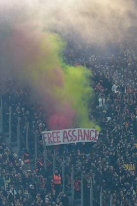 Football Europa League match - AS Roma vs Feyenoord Banner for Assange during the UEFA Europa League 2023-2024 football match between AS Roma and Feyenoord at the Olympic Stadium in Rome on February 22, 2024. Rome Italy  Copyright: xIPAxSport ABACAx