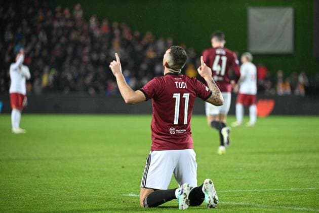 Indrit Tuci (Sparta) celebrates a goal in the Europa League 2nd round return leg match AC Sparta Prague vs Galatasaray Istanbul, Prague, February 22, 2024. (CTKxPhoto MichalxKamaryt) CTKPhotoP2024022209841  CTKPhotoP2024022209841