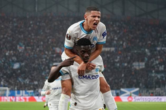 Sport Bilder des Tages Joie - IsmaÃ¯la Sarr (Olympique de Marseille) - Amine Harit (Olympique de Marseille) FOOTBALL : Olympique de Marseille vs Chakhtar Donetsk - 16e de finale retour d Europa League - Marseille - 22 02 2024 NorbertScanella Panoramic 