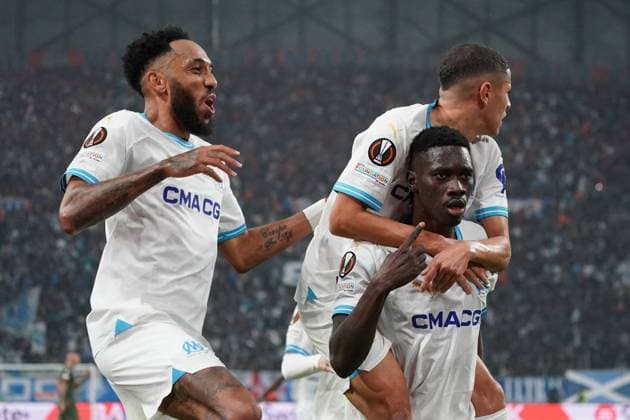 Joie - IsmaÃ¯la Sarr (Olympique de Marseille) - Amine Harit (Olympique de Marseille) - Pierre Emerick Aubameyang (Olympique de Marseille) FOOTBALL : Olympique de Marseille vs Chakhtar Donetsk - 16e de finale retour d Europa League - Marseille - 22 02 2024 NorbertScanella Panoramic 