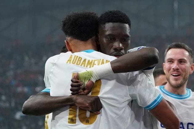 Joie - IsmaÃ¯la Sarr (Olympique de Marseille) - Pierre Emerick Aubameyang (Olympique de Marseille) FOOTBALL : Olympique de Marseille vs Chakhtar Donetsk - 16e de finale retour d Europa League - Marseille - 22 02 2024 NorbertScanella Panoramic 