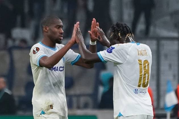 Joie - Geoffrey Kondogbia (Olympique de Marseille) - Abdoul Bamo Meite (Olympique de Marseille) FOOTBALL : Olympique de Marseille vs Chakhtar Donetsk - 16e de finale retour d Europa League - Marseille - 22 02 2024 NorbertScanella Panoramic 
