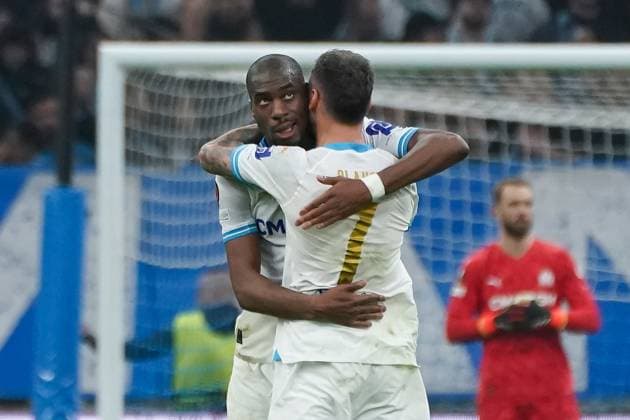 Joie - Geoffrey Kondogbia (Olympique de Marseille) - Jonathan Clauss (Olympique de Marseille) FOOTBALL : Olympique de Marseille vs Chakhtar Donetsk - 16e de finale retour d Europa League - Marseille - 22 02 2024 NorbertScanella Panoramic 