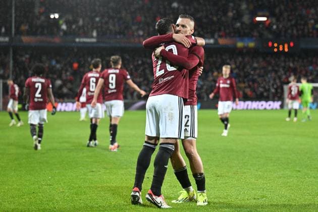 L-R Qazim Laci and Lukas Haraslin (Sparta) celebrate the third goal in the Europa League 2nd round return leg match AC Sparta Prague vs Galatasaray Istanbul, Prague, February 22, 2024. (CTKxPhoto MichalxKamaryt) CTKPhotoP2024022209914  CTKPhotoP2024022209914
