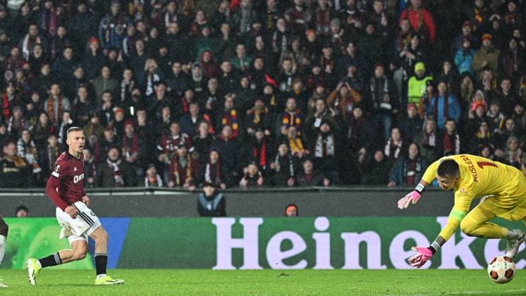 L-R Lukas Haraslin (Sparta) scores against goalkeeper Fernando Muslera (Galatasaray) in the Europa League 2nd round return leg match AC Sparta Prague vs Galatasaray Istanbul, Prague, February 22, 2024. (CTKxPhoto MichalxKamaryt) CTKPhotoP2024022209930  CTKPhotoP2024022209930