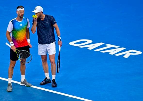 ATP, Tennis Herren Qatar Exxonmobil Open Tennis Tournament 2024 Jamie Murray from Great Britain and Michael Venus from New Zealand are competing against Ariel Behar from Uruguay and Adam Pavlasek from the Czech Republic in their doubles semifinal match at the ATP Qatar ExxonMobil Open tennis tournament at the Khalifa International Tennis Complex in Doha, Qatar, on February 23, 2024. DOHA Qatar  Copyright: xNoushadxThekkayilx originalFilename:varittyakkal-atpqatar240223_npCbP.jpg