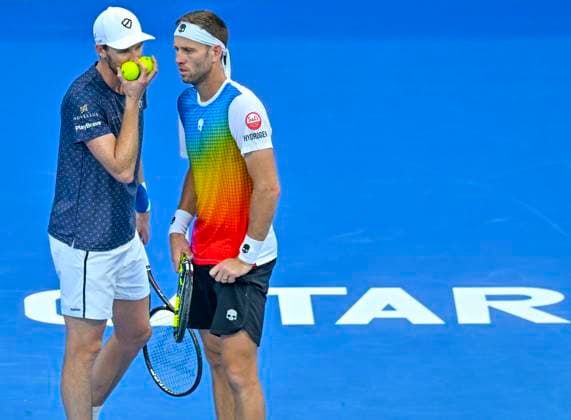 ATP, Tennis Herren Qatar Exxonmobil Open Tennis Tournament 2024 Jamie Murray from Great Britain and Michael Venus from New Zealand are competing against Ariel Behar from Uruguay and Adam Pavlasek from the Czech Republic in their doubles semifinal match at the ATP Qatar ExxonMobil Open tennis tournament at the Khalifa International Tennis Complex in Doha, Qatar, on February 23, 2024. DOHA Qatar  Copyright: xNoushadxThekkayilx originalFilename:varittyakkal-atpqatar240223_npGYy.jpg