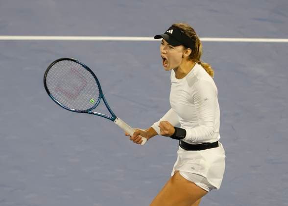 Anna Kalinskaya cheers after the victory, cheers, joy, emotion, Dubai Duty Free Tennis Championships, Dubai, U A E Tennis Dubai Tennis Championships 2024 WTA Dubai Duty Free Tennis Stadium Dubai United Arab Emirates 23 February 2024 Copyright: xJuergenxHasenkopfx