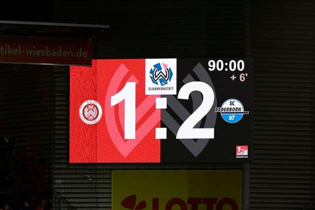 23 02 2024, xavx, Soccer 2 Bundesliga, SV Wehen Wiesbaden SC Paderborn 07 emspor, v l Scoreboard in the Brita Arena Final Score 1 2 DFL DFB REGULATIONS PROHIBIT ANY USE OF PHOTOGRAPHS as IMAGE SEQUENCES and or QUASI VIDEO Wiesbaden