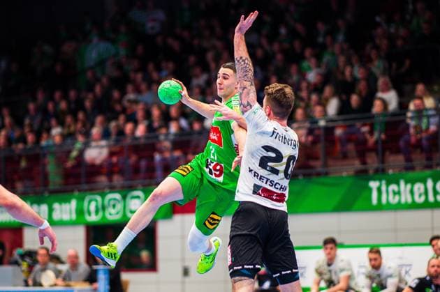 23 02 2024 Handball, 2023 2024, 2 Bundesliga, 22 Matchday, GWD Minden HC Elbflorenz Dresden L R Danilo Radovic Minden , Nils Holger Kretschmer Elbflorenz
