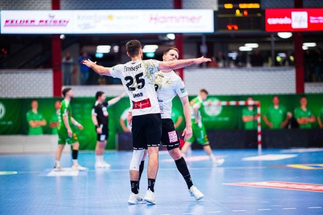 23 02 2024 Handball, 2023 2024, 2 Bundesliga, 22 Matchday, GWD Minden HC Elbflorenz Dresden L R Sebastian Greß Elbflorenz , Julius Dierberg Elbflorenz