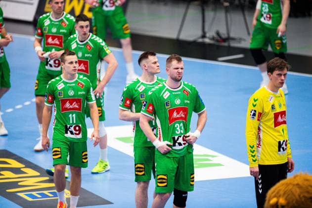 23 02 2024 Handball, 2023 2024, 2 Bundesliga, 22 Matchday, GWD Minden HC Elbflorenz Dresden L R Mats Korte Minden , Sveinn Johannsson Minden , Michael Schulz Minden , Malte Semisch Minden