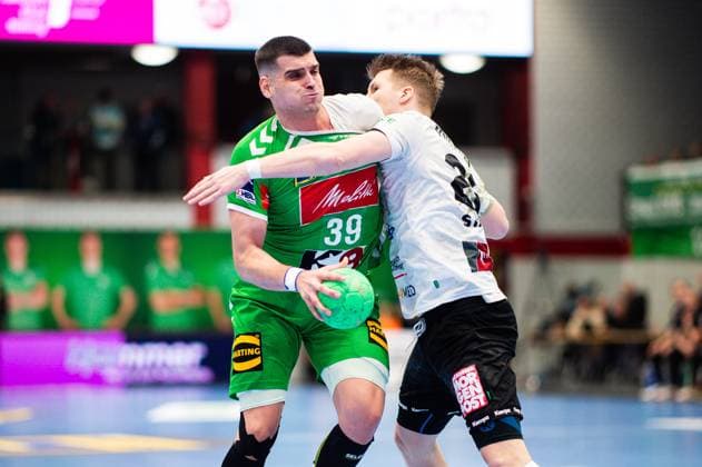 23 02 2024 Handball, 2023 2024, 2 Bundesliga, 22 Matchday, GWD Minden HC Elbflorenz Dresden L R Carles Asensio Cambra Minden , Ivar Stavast Elbflorenz