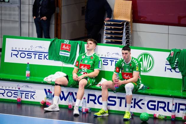 23 02 2024 Handball, 2023 2024, 2 Bundesliga, 22 Matchday, GWD Minden HC Elbflorenz Dresden L R Szymon Dzialakiewicz Minden , Danilo Radovic Minden