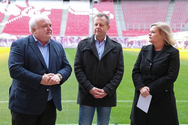 Planning status UEFA EURO 2024 Federal Minister of the Interior Nancy Faeser in Leipzig, 23 02 2023 Prof Jörg Junhold Director of Leipzig Zoo Ambassador of the Host City Leipzig , Torsten Bonew First Mayor of the City of Leipzig Alderman for Finance and Nancy Faeser Federal Minister of the Interior and for Homeland Federal Minister of the Interior Exchange on the planning status UEFA EURO 2024 at Leipzig Stadium, 23 02 2024 Copyright: xBEAUTIFULxSPORTS JanxKaeferx