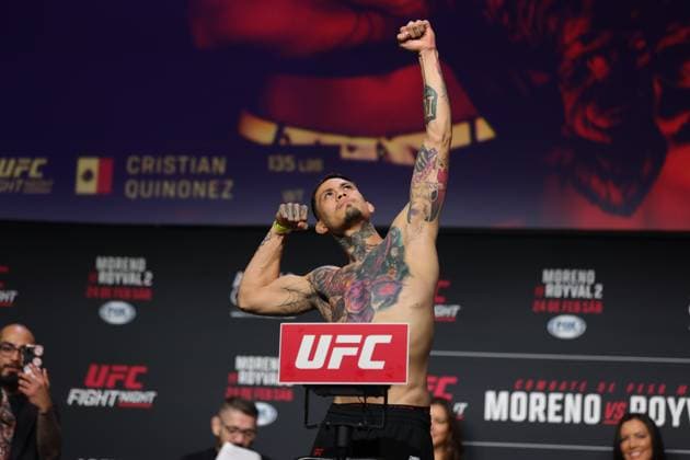 UFC Fight Night: Moreno vs Royval 2 Ceremonial Weigh-in February 23, 2024, Mexico City, Mexico: Cristian Quinonez of Mexico poses on the scale during the UFC Fight Night ceremonial weigh-in at CDMX Arena. on February 23, 2024 in Mexico City, Mexico. (Photo by Luis Marin Eyepix Group) Copyright: xLuisxMarin xEyepixxGroupx LM_23022024_112468