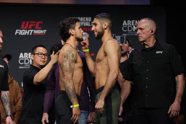 February 23, 2024, Mexico City, Ciudad de Mexico, Mexico: February 23, 2024, Mexico City, Mexico: (L-R) Claudio Puelles of Peru and Fares Ziam of France face off during the UFC Fight Night ceremonial weigh-in at CDMX Arena. on February 23, 2024 in Mexico City, Mexico. Mexico City Mexico - ZUMAe321 20240223_zsa_e321_074 Copyright: xLuisxMarin xEyepixxGroupx