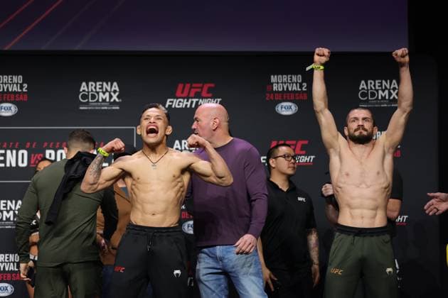 February 23, 2024, Mexico City, Ciudad de Mexico, Mexico: February 23, 2024, Mexico City, Mexico: (L-R) Ronaldo Rodriguez of Mexico and Denys Bondar of Ukraine pose during the UFC Fight Night ceremonial weigh-in at CDMX Arena. on February 23, 2024 in Mexico City, Mexico. Mexico City Mexico - ZUMAe321 20240223_zsa_e321_121 Copyright: xLuisxMarin xEyepixxGroupx