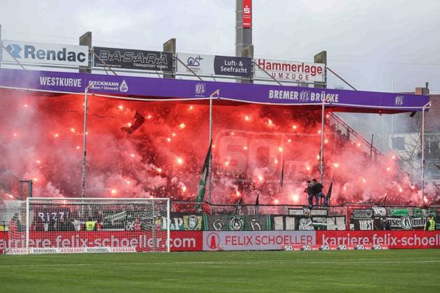 2 Bundesliga VfL Osnabrück Hannover 96 on 24 02 2024 at Bremer Brücke in Osnabrück Hannover fans set off pyrotechnics in the visitors block MH