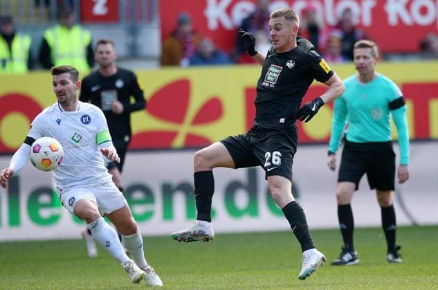 Filip Kaloc 26, FC Kaiserslautern 24 02 2024, Football, 2 Bundesliga, FC Kaiserslautern Karlsruher SC, 23 Matchday, Season 2023 24, Fritz Walter Stadion, Kaiserslautern, Germany, zmdz, DFB DFL regulations prohibit any use of photographs as image sequences and or quasi video FC Kaiserslautern Karlsruher SC